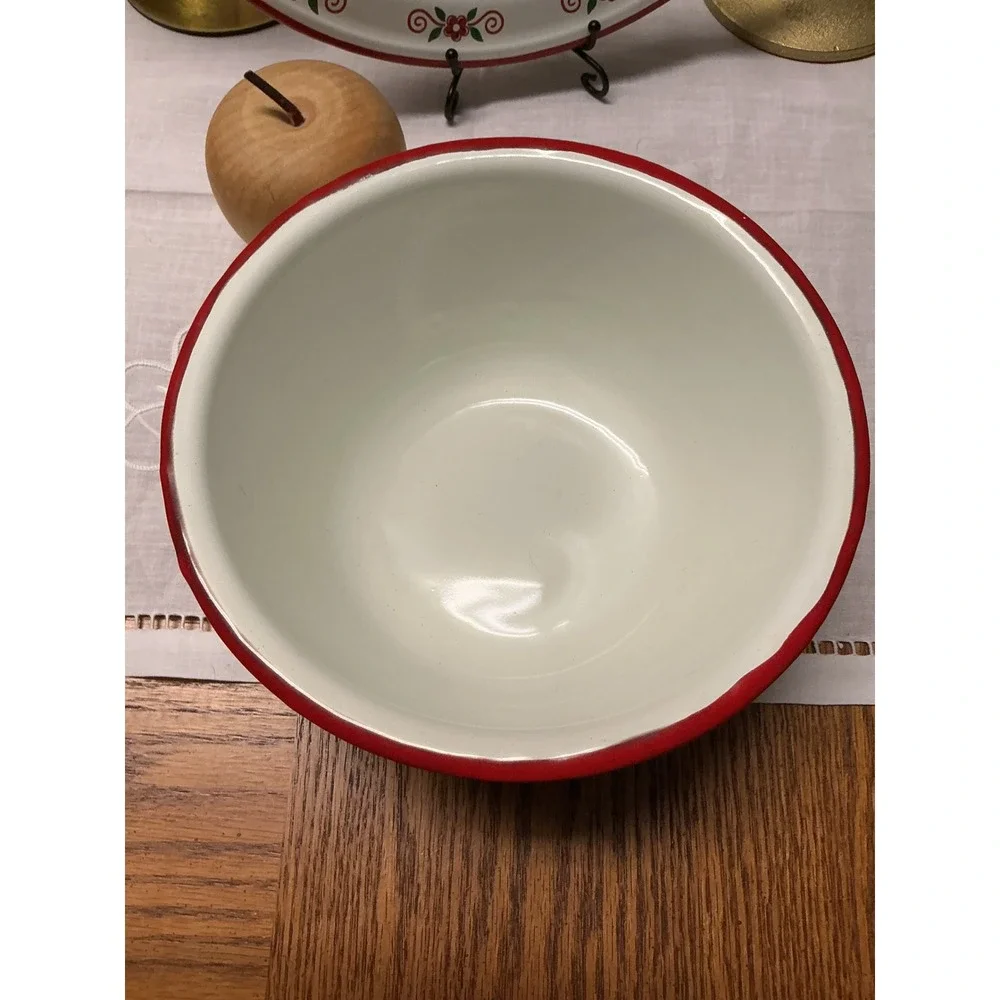 Vintage Enamelware Cherry‎ Plate and Bowl Set White Red Farmhouse Kitchen Decor